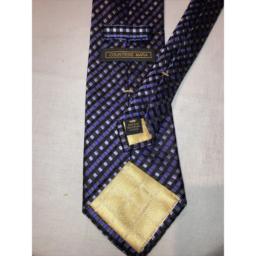 Countess Mara Mens Silk Tie Purple Black Geometric Check Handmade Necktie Luxury